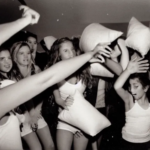 Image similar to Jeffrey Epstein having a pillow fight with teenager girls at a slumber party