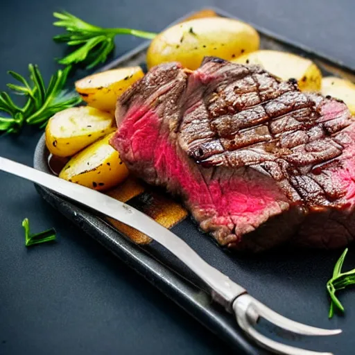 Image similar to a delicious perfectly cooked mouth-watering steak with a steaming-hot baked-potato