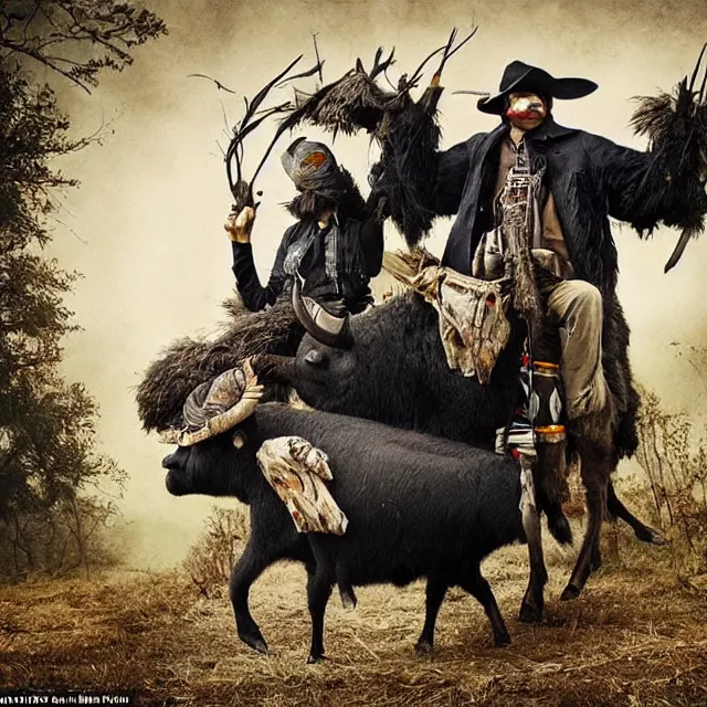 Prompt: incredible modern fable evocative artwork of buffalo hunters, buffalo midnight in the style of tim walker fashion photography, buffalos hunting hunters, fables of the reconstruction