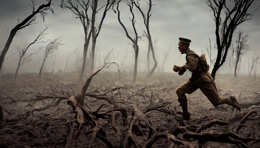 Image similar to screaming World War 1 soldier running across No Mans Land, wartorn landscape, lots of mud puddles and craters, burnt and broken trees, dirty lens, cinematic lighting, IMAX close-up cinematography, 35mm