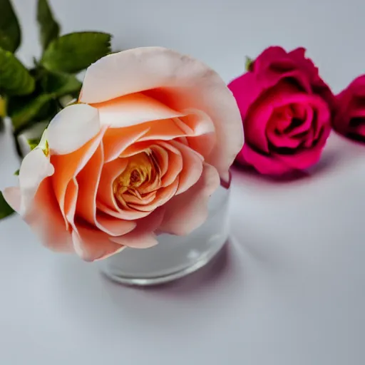 Prompt: perfume bottle sitting on a white surface surrounded by a plethora peach colored roses, bright white realistic, up close shot, white background, zen, light, modern minimalist f 2 0