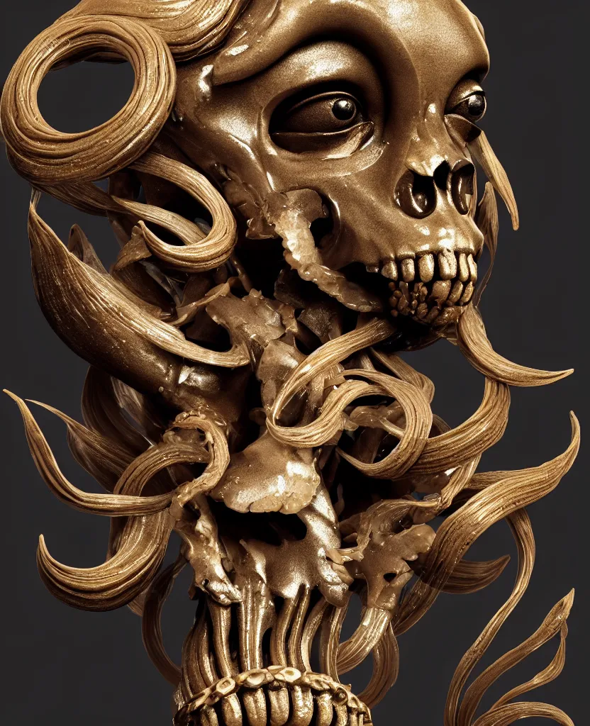 Image similar to goddess princess face close-up portrait ram skull. sculpture made of black clay and gold. jellyfish phoenix head, nautilus, orchid, skull, betta fish, bioluminiscent creatures, intricate artwork by Tooth Wu and wlop and beeple. octane render, trending on artstation, greg rutkowski very coherent symmetrical artwork. cinematic, hyper realism, high detail, octane render, 8k