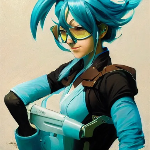 Image similar to greg manchess portrait painting of asada shino sinon as overwatch character, turquoise hair, medium shot, asymmetrical, profile picture, organic painting, sunny day, matte painting, bold shapes, hard edges, street art, trending on artstation, by huang guangjian and gil elvgren and sachin teng