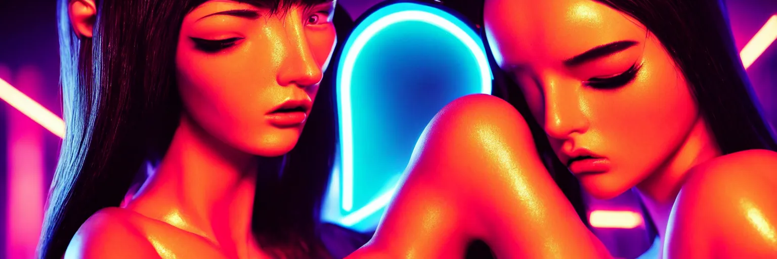 Image similar to 2 0 0 mm lens photography of a few female humanoid cropped tight portrait, shallow depth of field, cyberpunk high fashion, elegant profile pose, cyber neon lighting, retro futurism, retro futuristic glossy latex bikini, bokeh background, hyper photorealistic, crispy quality, digital photography, art by pascal blanche, art by artgerm, art by greg rutkowski,