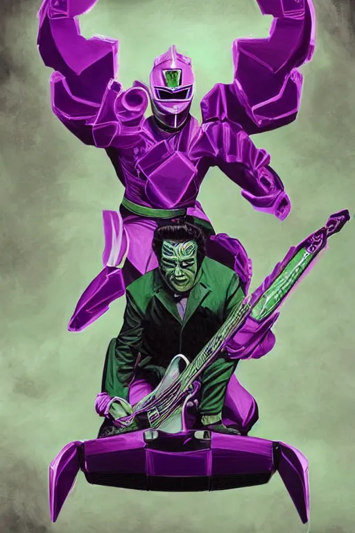 Image similar to portrait of johnny cash as purple green ranger from power rangers riding on guitar zord ufo hoverboard, intricate, highly detailed, smooth, artstation, digital illustration by Ruan Jia and Mandy Jurgens and Artgerm and Wayne Barlowe and Greg Rutkowski and Zdislav Beksinski