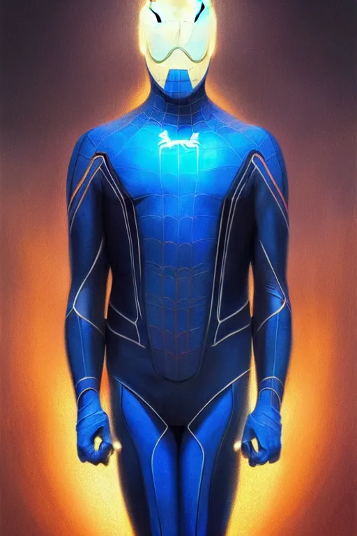 Image similar to elon musk as a blue suit spider man, realistic portrait, symmetrical, highly detailed, digital painting, artstation, concept art, smooth, sharp focus, illustration, cinematic lighting, art by artgerm and greg rutkowski and alphonse mucha