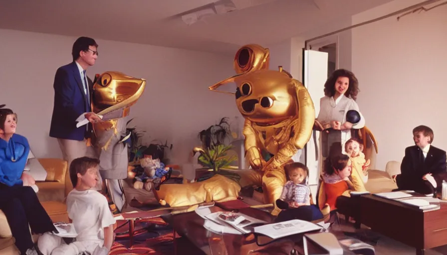 Image similar to 1990s candid photo of a beautiful day in the living room, cinematic lighting, cinematic look, golden hour, large costumed mascot business people giving spaceship presentations to families, Enormous personified business people with outstandingly happy faces coming out of a portal and talking to families about space and planets, UHD