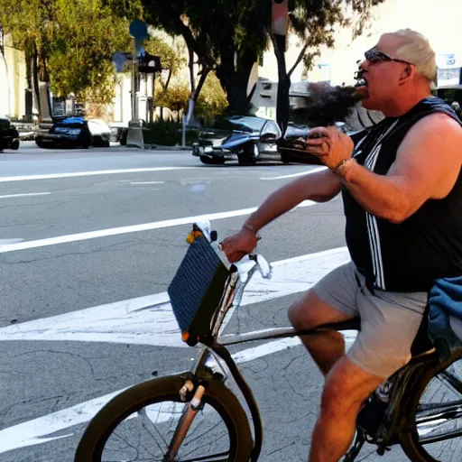 Image similar to an eagle riding a bicycle in the streets of la, smoking a cigar