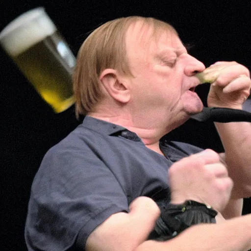 Prompt: Mark E Smith, hitting a chubby middle aged man with balding very short blonde hair and glasses, with a beer bottle