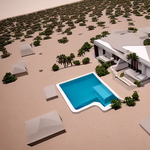 Prompt: brutalist villa in middle of a desert, aerial view, photorealistic render in octane