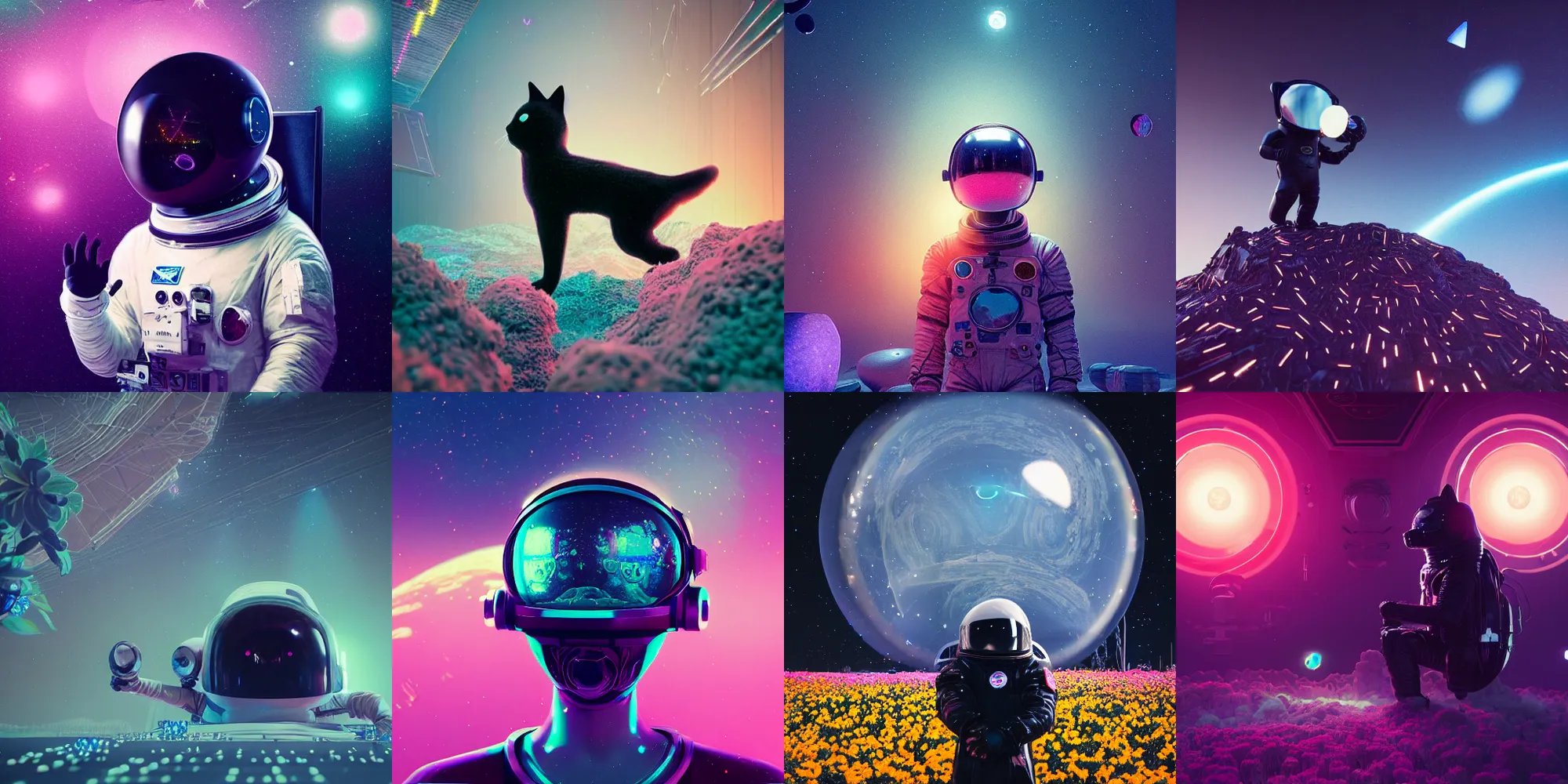 Prompt: beautiful dark landscape, black cat wearing astronaut helmet, beautiful flowers and crystals, in the style of beeple and mike winkelmann, intricate, epic lighting, cinematic composition, hyper realistic, 8 k resolution, unreal engine 5, raytracing, ultraviolet colors,