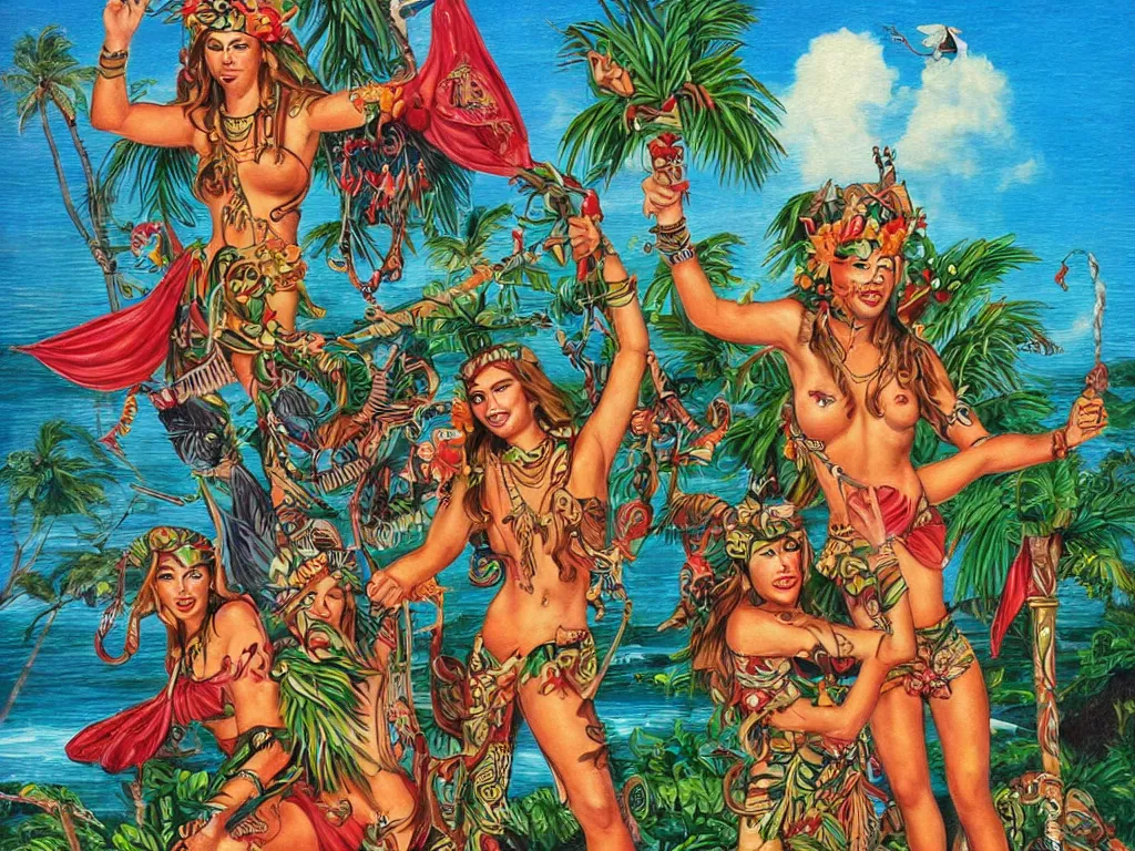 Image similar to island paradise, pagan gods, tiki lowbrow art