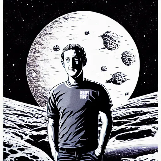 Prompt: majestic mark zuckerberg in space, satellite perspective, high details, bold line art, by vincent di fate and joe fenton, inking, etching, screen print, masterpiece, trending on artstation, sharp, high contrast, hyper - detailed, hd, 4 k, 8 k