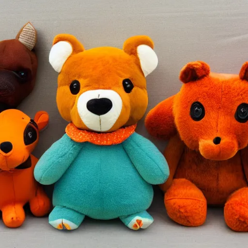 Image similar to a variety of stuffed animals, brown white teal yellow and orange