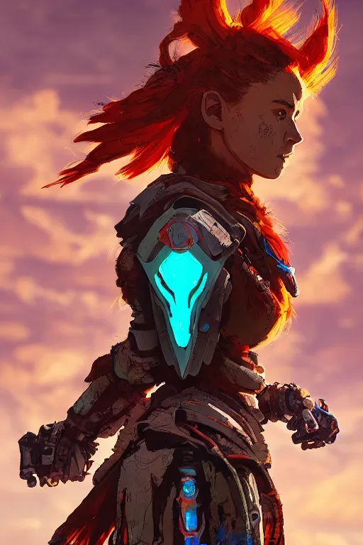 Image similar to combination suit armor aloy horizon forbidden west horizon zero dawn radiating a glowing aura global illumination ray tracing hdr fanart arstation by ian pesty and alena aenami artworks in 4 k tribal robot ninja mask helmet backpack