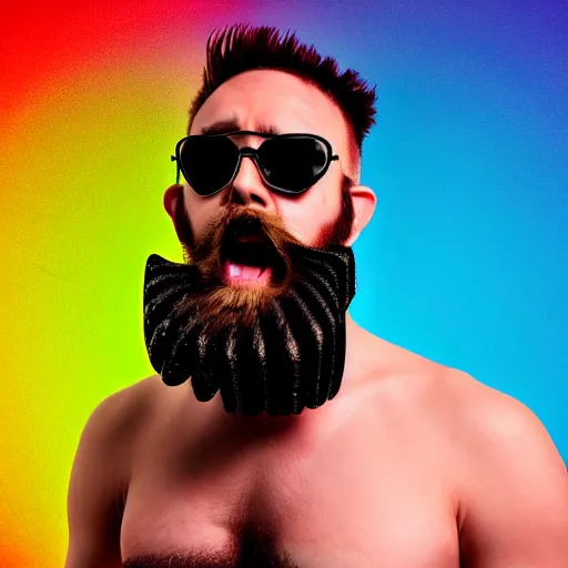 Prompt: muscular bearded yoga punk singer weird sunglasses. was previously a commercial model and actor. on a smoky stage. vaporwave.