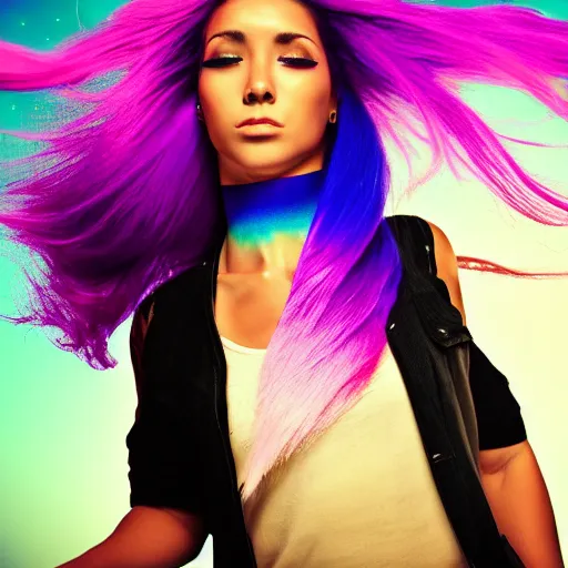 Image similar to a award winning action upper body portrait of a beautiful woman with a ombre purple pink hairstyle with head in motion and hair flying, choker, outrun, vaporware, vivid colors, highly detailed, fine detail, intricate