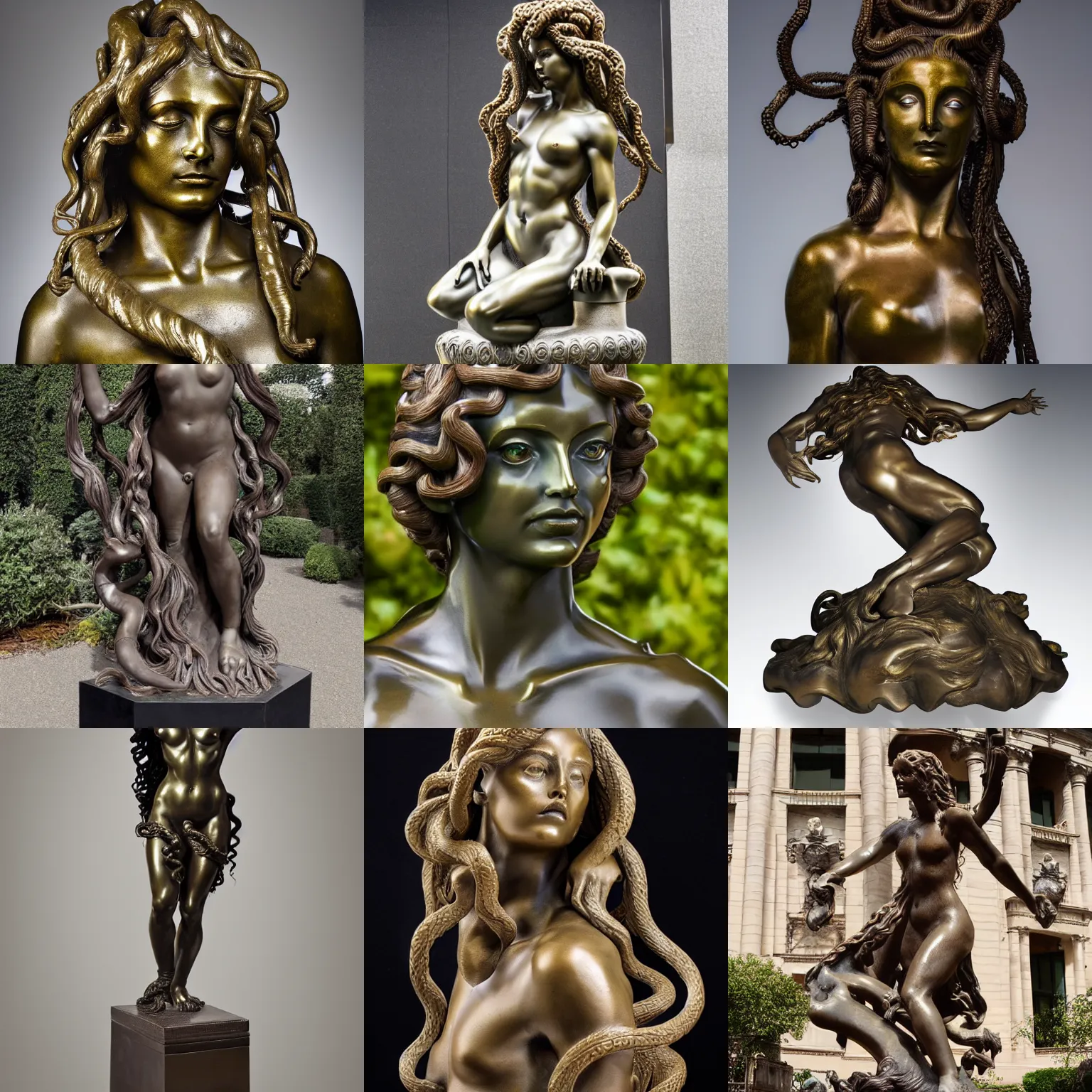 Prompt: bronze sculpture of medusa, in the style of michelangelo, very long hair, full body, professional photography, imposing