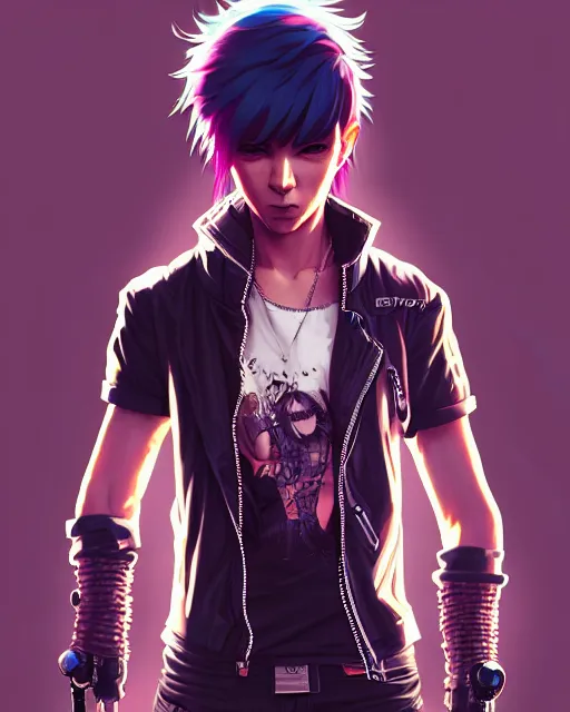 Image similar to portrait of a male punk, street clothes, cyberpunk 2 0 7 7, face like ester exposito, blonde shinkai makoto studio ghibli studio key hideaki anno sakimichan stanley artgerm lau rossdraws james jean marc simonetti elegant highly detailed digital painting artstation pixiv