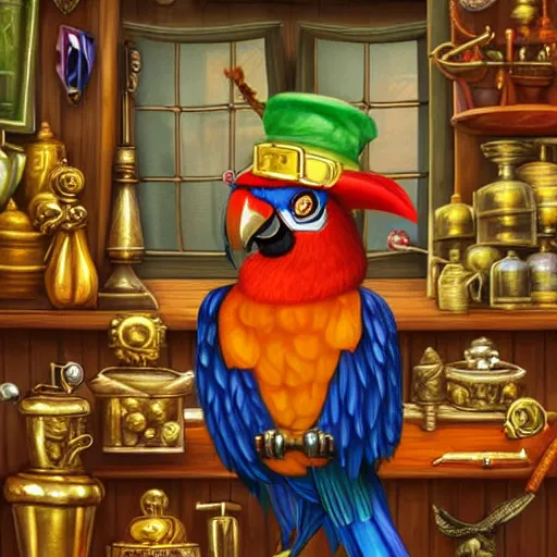 Image similar to Anthropomorphized parrot trader in his shop, selling his wares, portrait, items, gold, magic potions, carpet, window, fancy hat, sly expression , cunning expression, cute expression, long thick shiny gold beak, presenting wares, holding a gold bag, D&D, fantasy, cinematic lighting, highly detailed, digital painting, artstation, concept art, smooth, sharp focus, illustration, warm light, cozy warm tint, magic the gathering artwork, volumetric lighting, 8k, art by Akihiko Yoshida, Greg Rutkowski