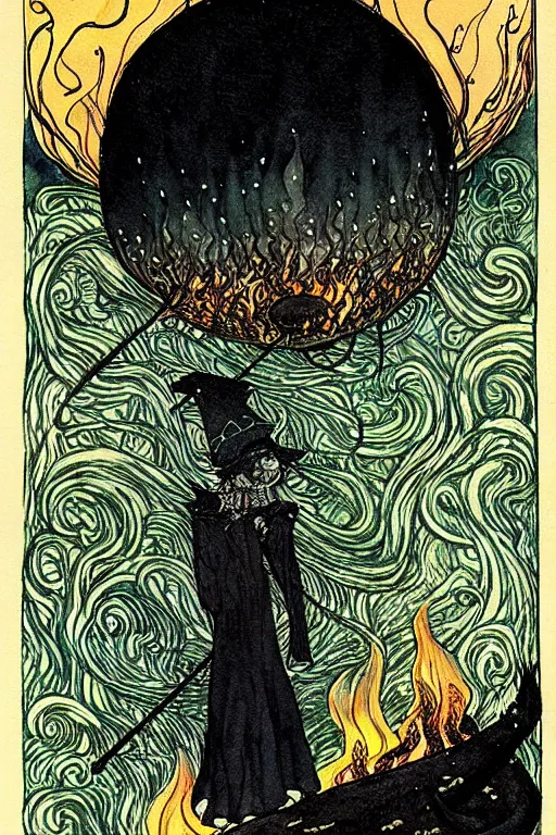 Prompt: a black witch's cauldron over a burning fire against a snowy night, detailed art by kay nielsen and walter crane, illustration style, watercolor