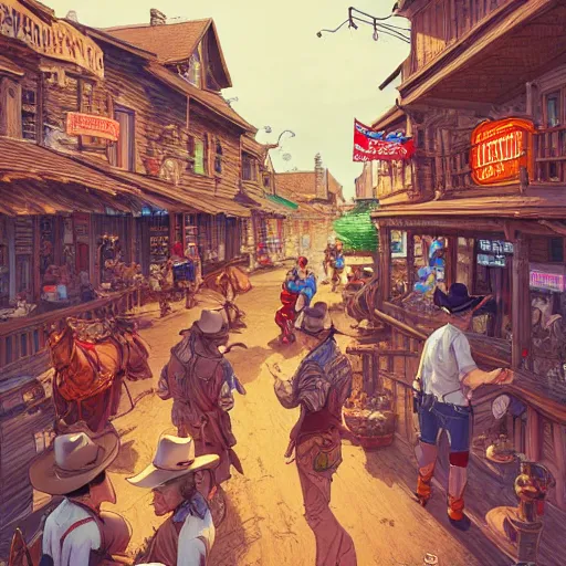 Image similar to old western town, extremely detailed, sharp focus, wide view, full body shot, smooth, digital illustration, by james jean, by rossdraws, frank franzzeta, sakimichan