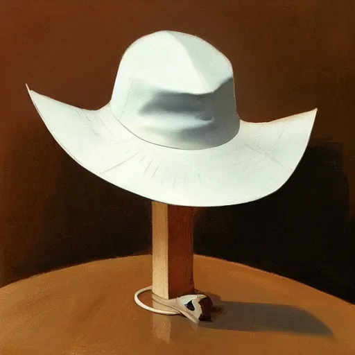 Image similar to just a white boonie hat in a wooden table. by Craig mullins, Steve Purcell, Ralph McQuarrie. Trending on artstation. Centered image