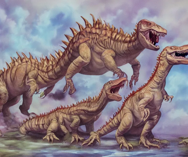 Image similar to mutant dinosaurs, water painting, soft tones, prehistoric