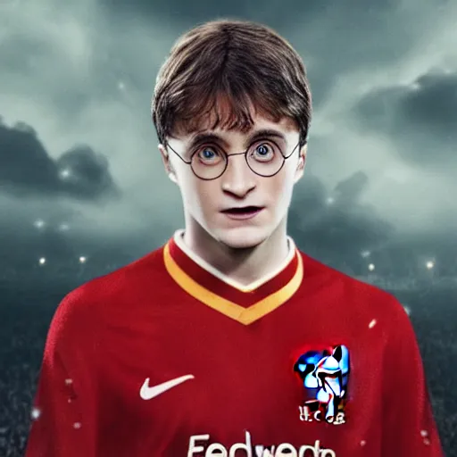 Image similar to portrait of harry potter wearing a liverpool jersey, highly detailed, masterpiece painting, 4 k, octane render,