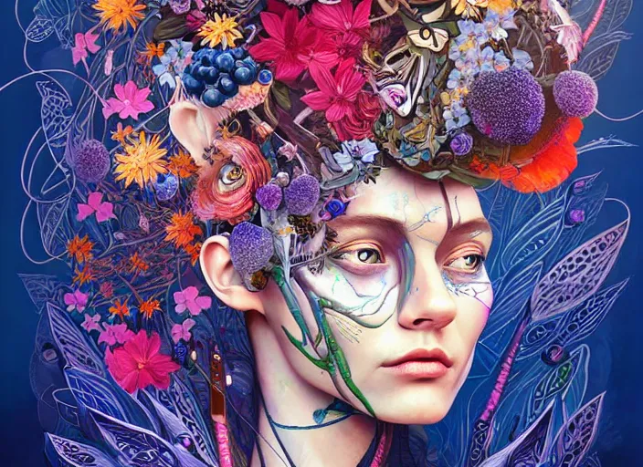 Image similar to a painting of a beautiful cyborg girl with a lot of flowers and blueberries and exotic plants on its head, poster art by android jones, behance contest winner, generative line art, made of flowers, grotesque, concert poster