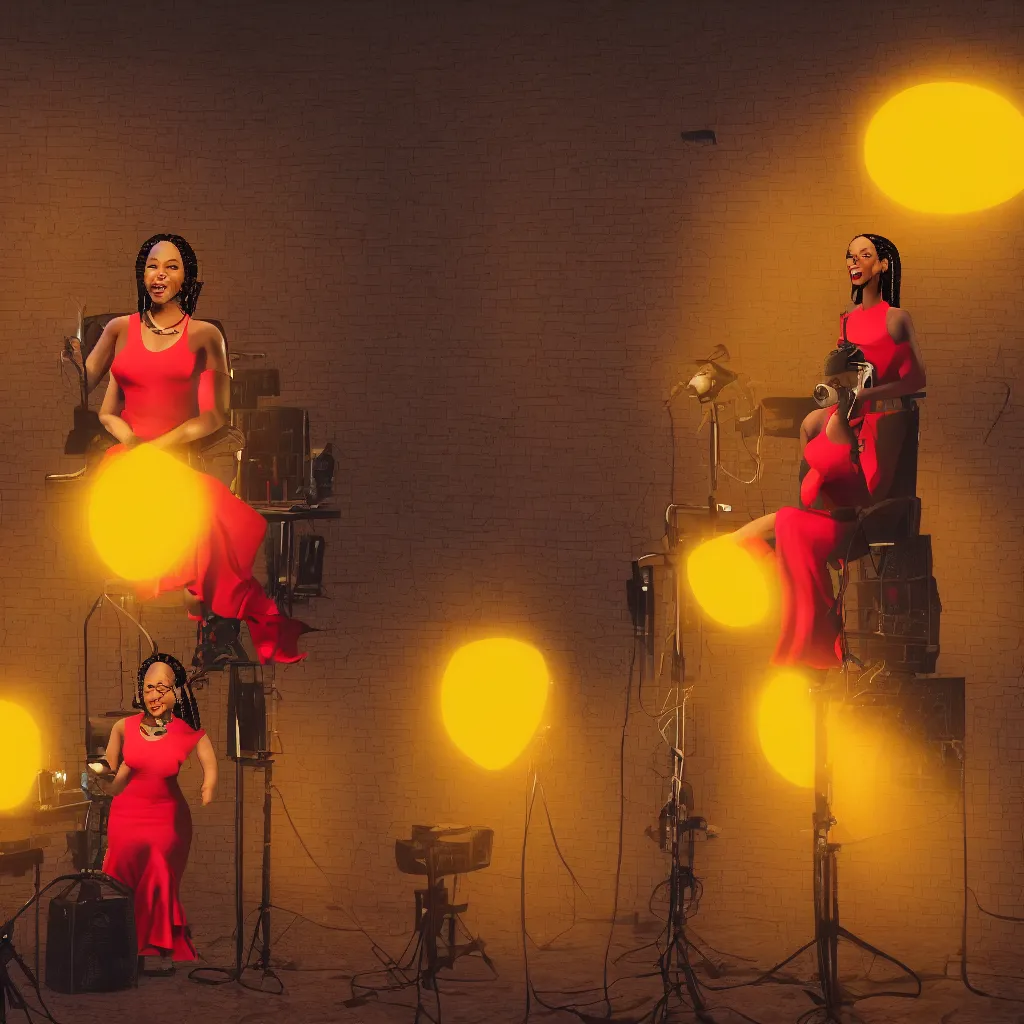 Prompt: illustration of a light-skinned black woman wearing cornrows sings into a microphone in a studio, medium shot, she is wearing a red dress, sitting on a stool, and 4 or 5 yellow lamps are hanging around her, ambient light, unreal engine, Bijou Karman