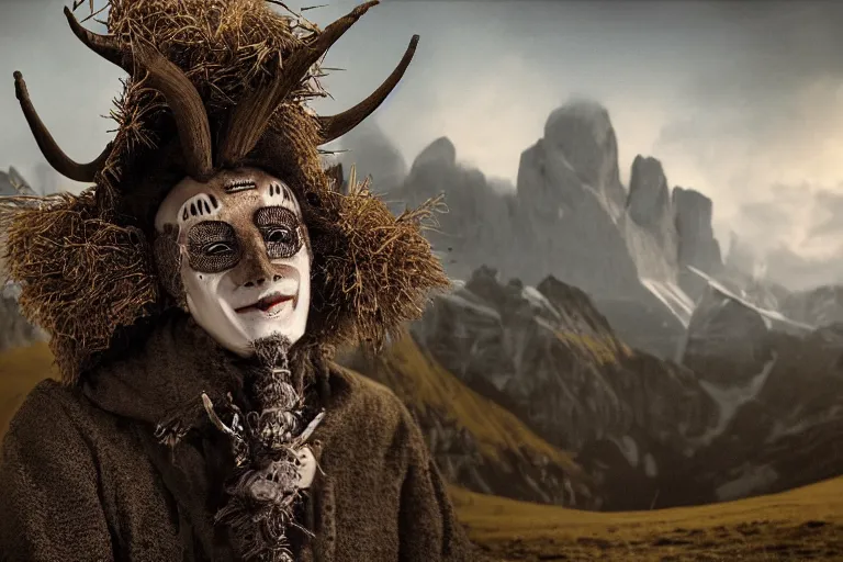 Image similar to portrait of a tyrolean folklore mask, dark, eerie , wearing hay coat, with horns, eerie, flowers growing out of his body, dolomites in the background, detailed intricate insanely detailed octane render, 8k artistic 1920s photography, photorealistic, chiaroscuro, by David Cronenberg, Raphael, Caravaggio