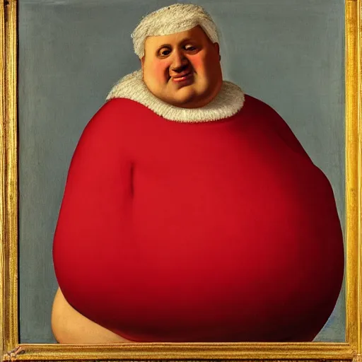 Image similar to a painting of a morbidly obese man with a red painted face wearing red clothing by Agnolo Bronzino