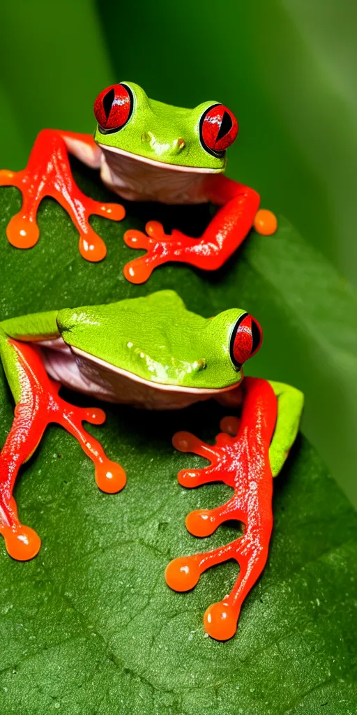 Prompt: macro photo of a red-eyed tree frog with a cat's face on a leaf which has water droplets on it, Nikon D810, ƒ/5.0, focal length: 46.0 mm, Exposure time: 1/60, ISO: 400, hyper-detailed, award-winning National Geographic photo