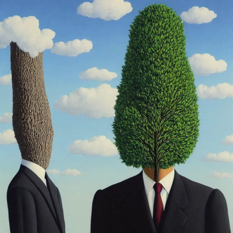 Image similar to portrait of a faceless tree - head man in a suit, clouds in the background, by rene magritte, detailed painting, distance, middle centered, hd, hq, high resolution, high detail, 4 k, 8 k