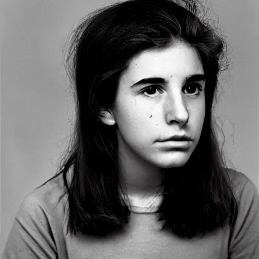 Image similar to a portrait photo of 20 year old female Larry David, with a sad expression, looking forward