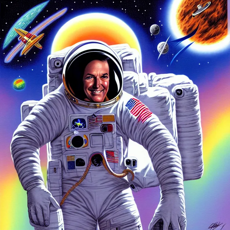 Image similar to astronaut at the rainbow bridge. paul gulacy. philip caza. artgerm.