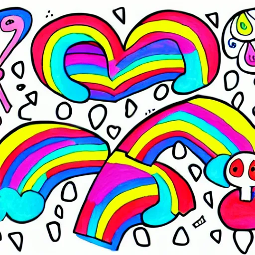 Image similar to fun doodle characters, flowers, rainbows, toilet seats, drawn with a fineliner pen on a white paper