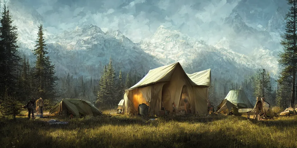 Image similar to cabela's tent fabric shelled pop up family dwelling unit, cabin, modular, person in foreground, mountainous forested wilderness open fields, beautiful views, painterly concept art, joanna gaines, environmental concept art, farmhouse, magnolia, concept art illustration by ross tran, james gurney, by craig mullins, by greg rutkowski