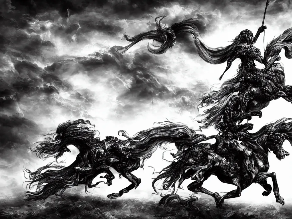 Prompt: black and white detailled illustration of death riding a pale horse over a wasteland in the style of yoshitaka amano / cinematic composition