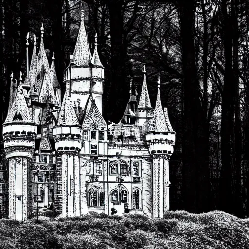 Prompt: a castle made of silver filigree in a dark forest