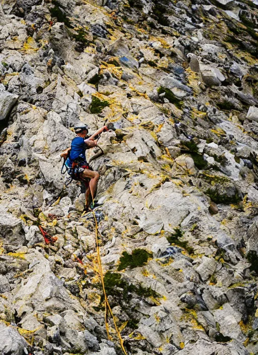 Image similar to telelens shot of a mountain climber free soloing a very steep mountain made up entirely out of french fries, sports photo,