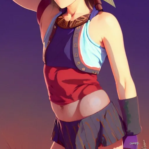 Image similar to beautiful boyish natalie portman gravure model in majora's mask, wearing wooden mask and baseball cap and leotard, street wear with subtle mayan patterns, aztec bathing suit, gapmoe yandere grimdark, trending on pixiv fanbox, painted by greg rutkowski makoto shinkai takashi takeuchi studio ghibli, akihiko yoshida