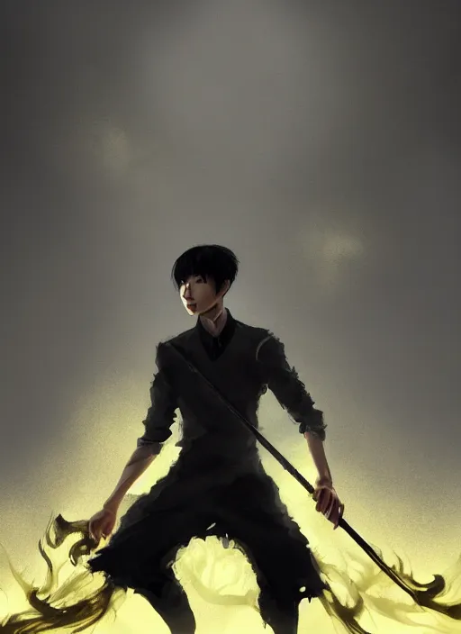 Prompt: a highly detailed illustration of korean man with bowl cut black hair wearing tie with giant black claws, wielding giant black fog claws pose, yellow eyes, tired expression, foggy black mist surrounding background, intricate, elegant, highly detailed, centered, digital painting, artstation, concept art, smooth, sharp focus, league of legends concept art, wlop.