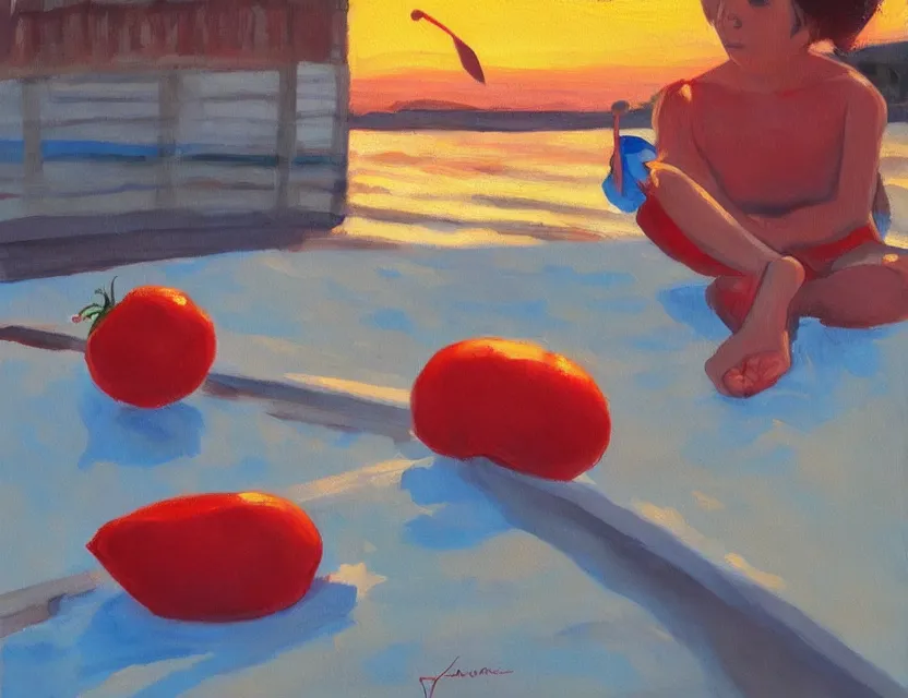 Prompt: a painting of a lazy red tomato on a sunny beach eating ice cream, a sunset by james jean