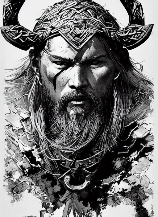 Image similar to portrait of a viking warrior, sumi - e style, masterful, ultrafine hyperdetailed illustration, concept art, detailed, intricate linework, art by yoji shinkawa