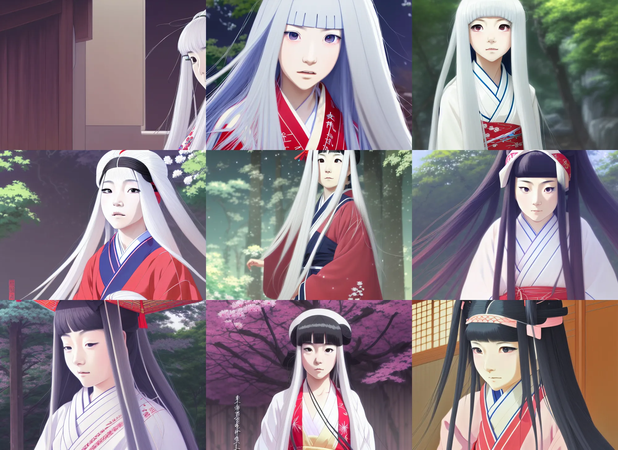 Prompt: portrait of a young japanese girl with long white hair in traditional clothing at a shrine, fine detailed features, trending on pixiv fanbox, ilya kuvshinov makoto shinkai takashi takeuchi studio ghibli, akihiko yoshida, 4 k