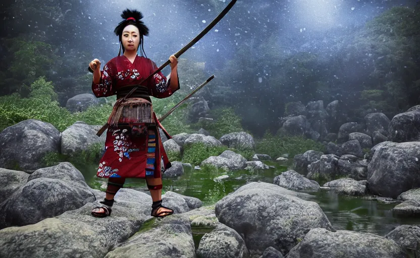 Image similar to highly detailed 3 d render of native japanese woman shinobi warrior standing in wet japanese village from sengoku period, surrounded by dense rock formations, high in mountains, blue night, cinematic lighting, raytracing, high contrast