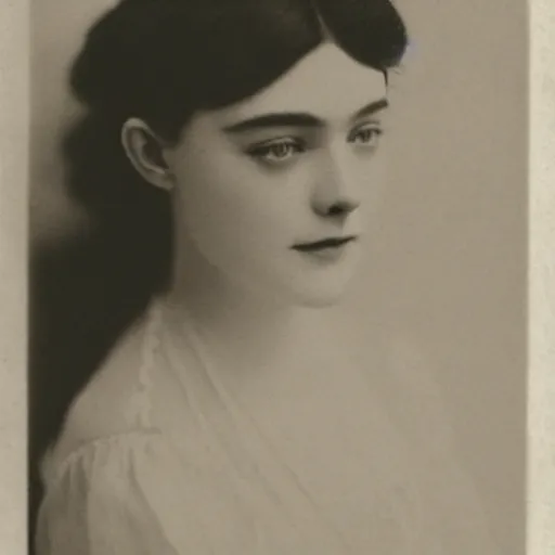 Image similar to Edwardian photograph of Elle Fanning, elegant, 1910s, 1900s, 1920s, grainy, detailed, realistic