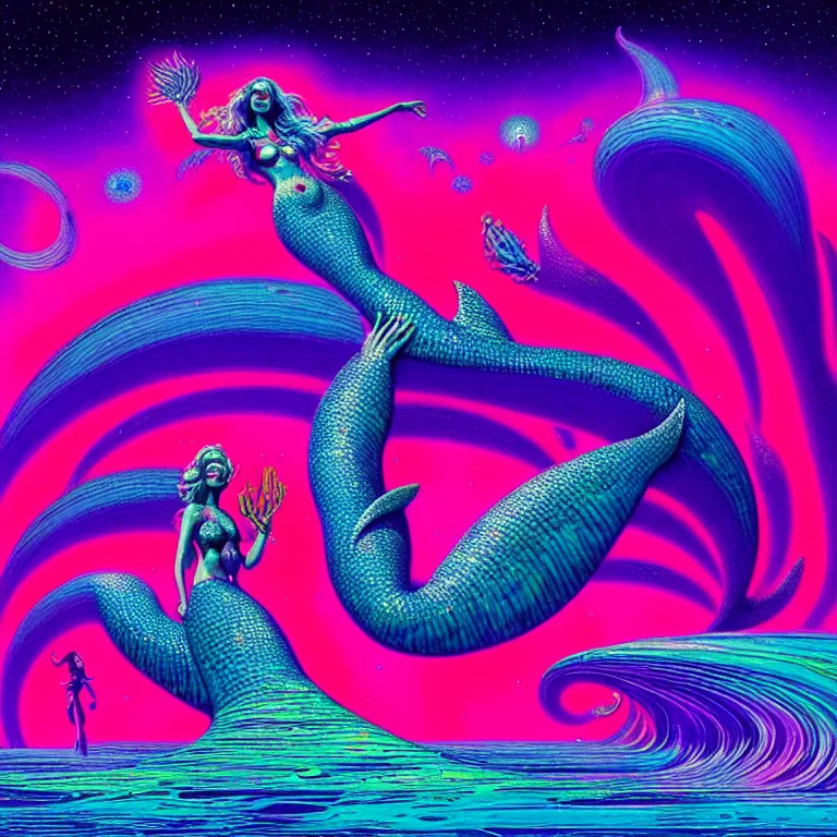 Image similar to cosmic mermaid over infinite crystal temples, ( ( ( synthwave ) ) ), ( ( fractal waves ) ), bright neon colors, highly detailed, cinematic, tim white, roger dean, michael whelan, caza, bob eggleton, philippe druillet, vladimir kush, kubrick, alfred kelsner, isono, vallejo